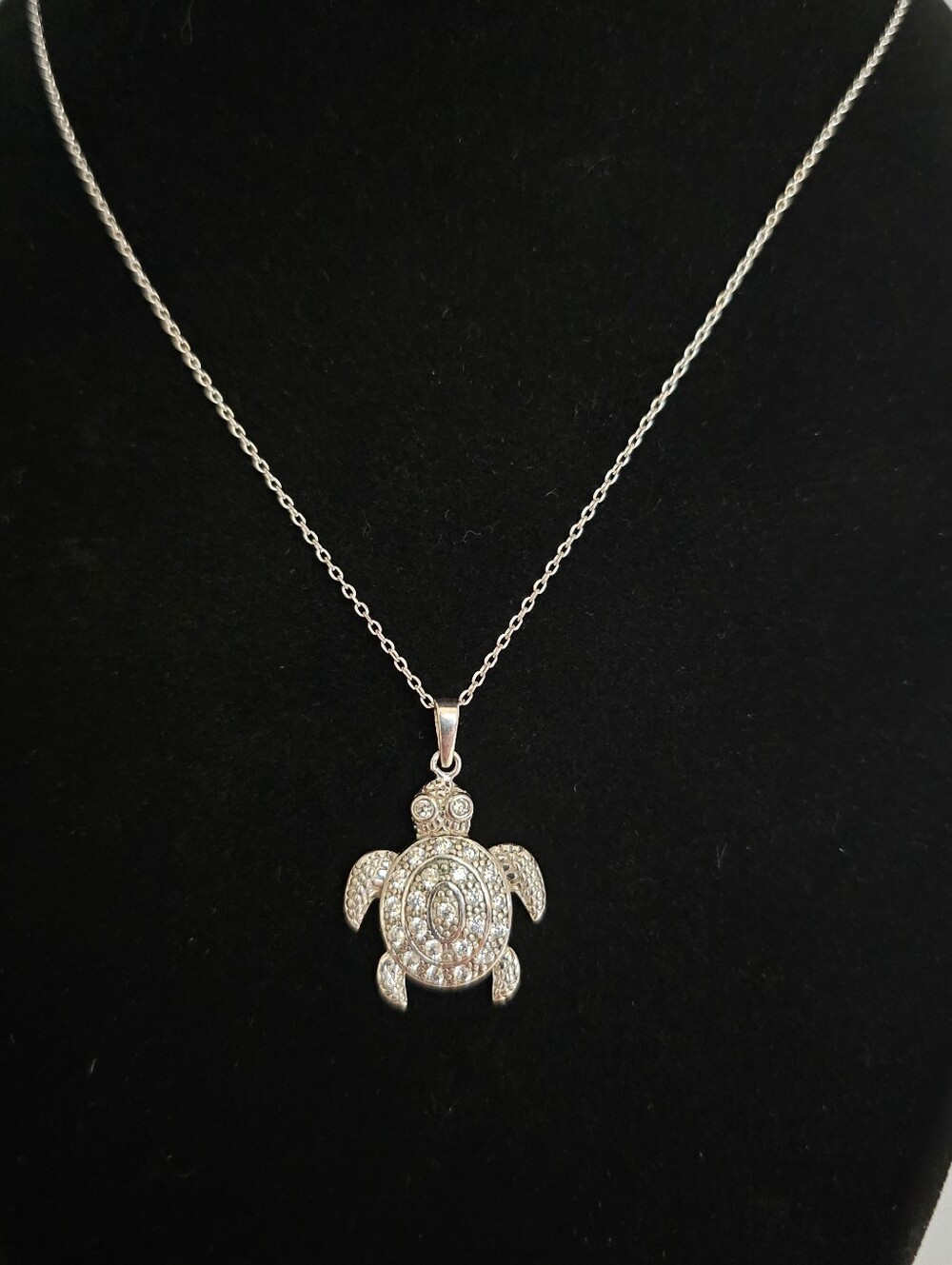 Adjustable 18 Inch Sterling Necklace With 1.15 Inch Sterling CZ Turtle Pendant